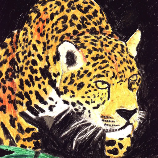 Traditional painting of a jaguar on the prowl, with strong saturated colors against a black background.