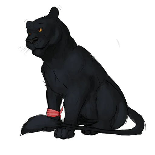 Drawing of a black jaguar with golden eyes, sitting on his haunches with his tail wrapped around him. He has a red cloth wrapped around his right front paw.