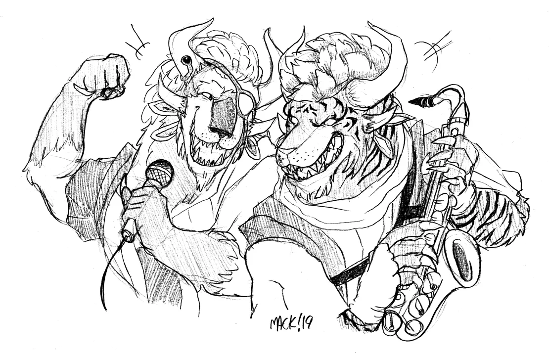 Traditional sketch drawing of two charr: Kianga Snowstorm on the left holding a microphone, Thel Victus on the right holding a saxophone. They’re grinning at each other and are clearly having a blast!