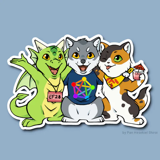 Sticker featuring three anthropomorphic characters drawn in a cartoony style: a green dragon, a gray wolf, and a calico cat. Their arms are on each others shoulders, as if posing for a group picture. The dragon is wearing a red convention badge with the text “EF28”, the wolf has a dark blue shirt with the Fediverse logo in rainbow colors, and the cat is wearing a yellow bandana with red markings and holding a cocktail in their free hand.
