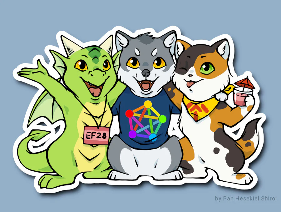 Sticker featuring three anthropomorphic characters drawn in a cartoony style: a green dragon, a gray wolf, and a calico cat. Their arms are on each others shoulders, as if posing for a group picture. The dragon is wearing a red convention badge with the text “EF28”, the wolf has a dark blue shirt with the Fediverse logo in rainbow colors, and the cat is wearing a yellow bandana with red markings and holding a cocktail in their free hand.
