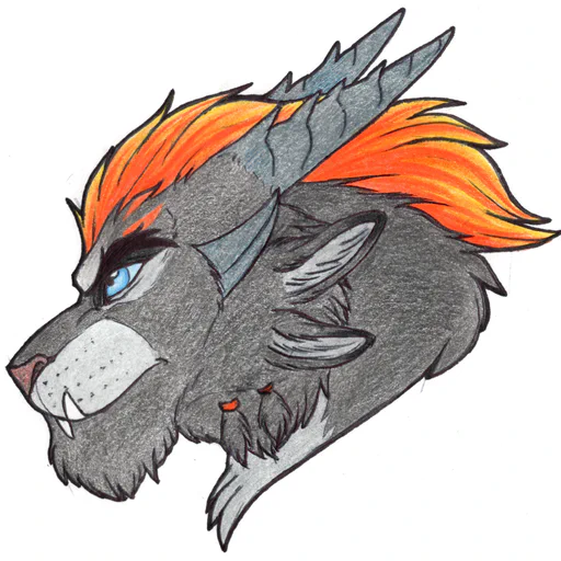 Traditional color drawing featuring a charr in side view with a determined look. He has dark gray fur, a light gray muzzle, an orange mane, and blue eyes.