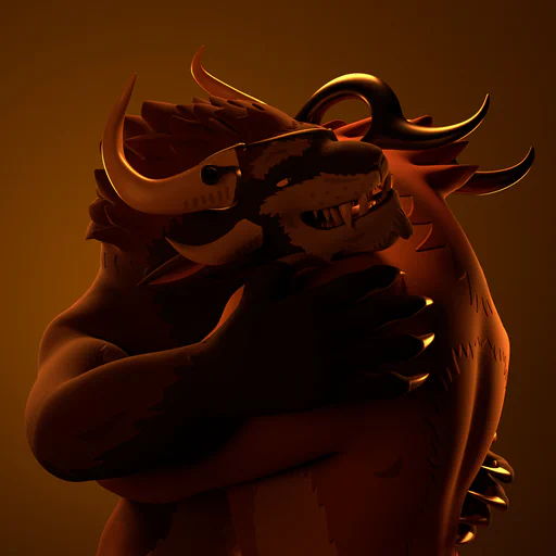 3D render of two charr sharing an intimate embrace, against a golden-orange background.
