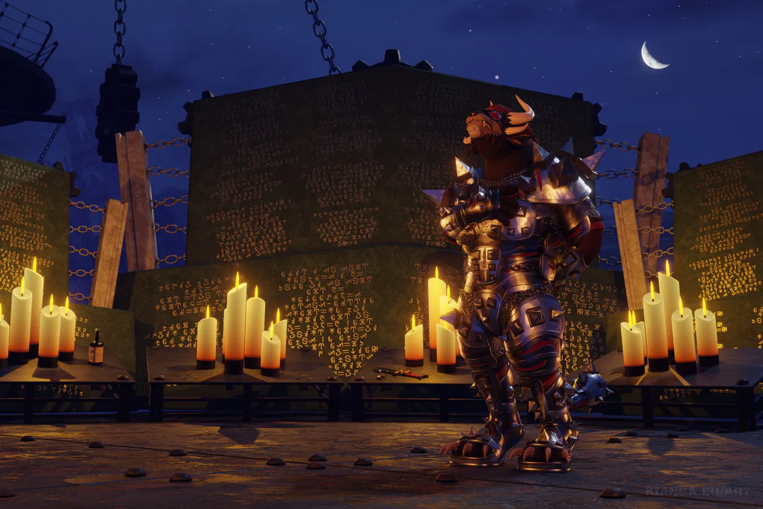 3D render of a charr in full armor, saluting in front of a monument for fallen soldiers in the Black Citadel: multiple large stone tablets with names inscribed in gold and burning candles, in front of a night sky with a crescent moon.
