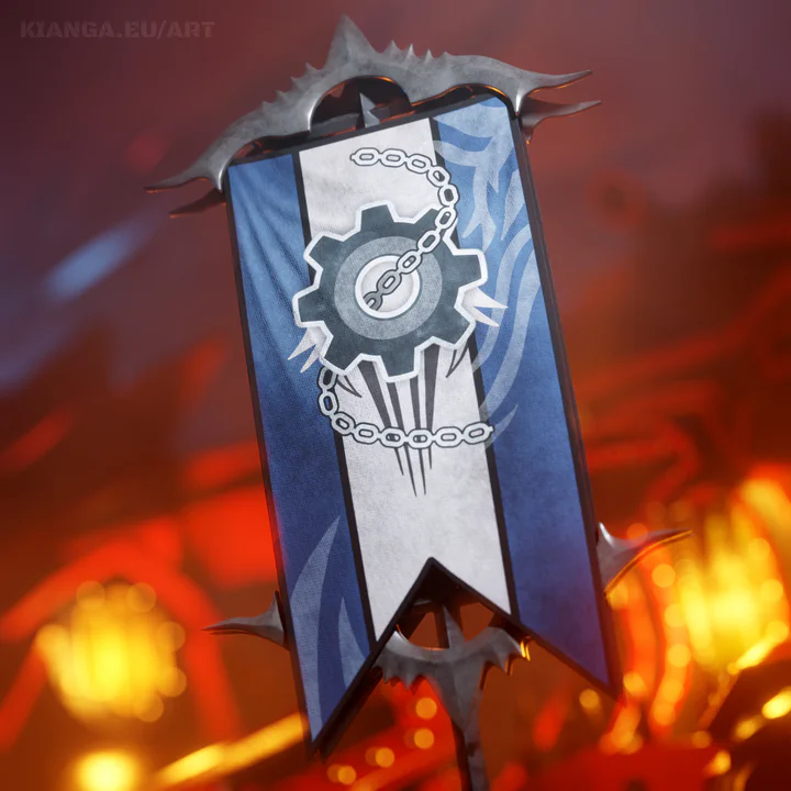 3D render of a Iron Legion banner against a background of steel and fire. The banner has a gear with a chain threaded through it, laid on top of a while background between two steel blue bars.
