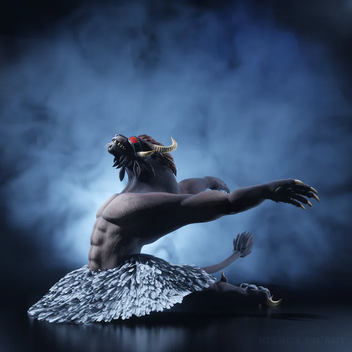 3D render of a male charr wearing only a white feather skirt and a red eye patch while doing a dramatic ballet pose: kneeling on one leg, the other leg and both arms stretched out behind him, head raised up and upper body curved backwards dramatically.
