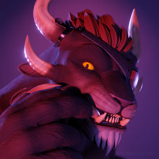 Close-up 3D render of a male charr with brown fur, yellow eyes, and a red eye patch, looking nervously just past the viewer, eyes wide, while biting on one of the claws of his right hand. The background is a soft purple gradient.
