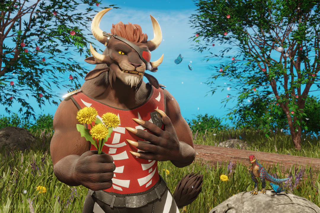 3D render of a male charr with brown fur, wearing a red eye patch, black shorts, and a red tank top. He's standing in a sunny meadow during spring time, surrounded by trees, flowers, and butterflies, and holding three dandelions, looking at the viewer with a smile. There's a pocket raptor sitting next to him on a rock, looking curious.
