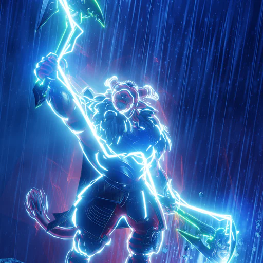 3D render of a charr warrior standing in a thunderstorm, holding up one of his two battle axes as it is struck by lightning. The electricity arcs down along his steel armor and over his other axe into the ground. His entire armor is outlined brightly from the lightning, and there is also a faint red glow from a warrior skill that prevents him from taking any damage.
