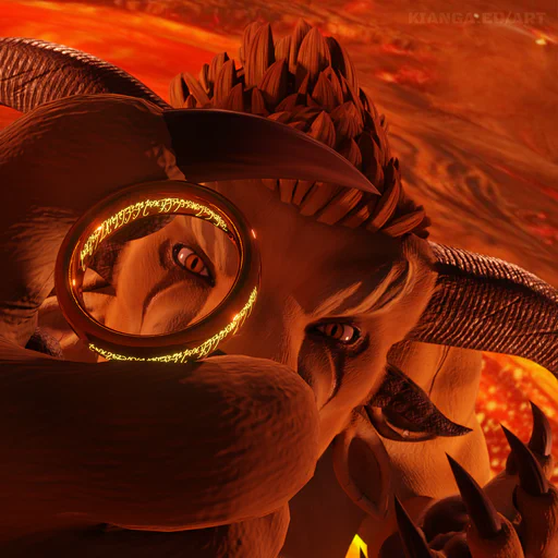 3D close-up render of a male charr holding a golden ring with glowing runes in his paw and looking through it with one eye. The whole scene has a deep red light, with lava visible in the background. It's a recreation of a well-known moment from the ending of the Lord of the Rings, when Gollum finally takes the Ring of Power for himself.
