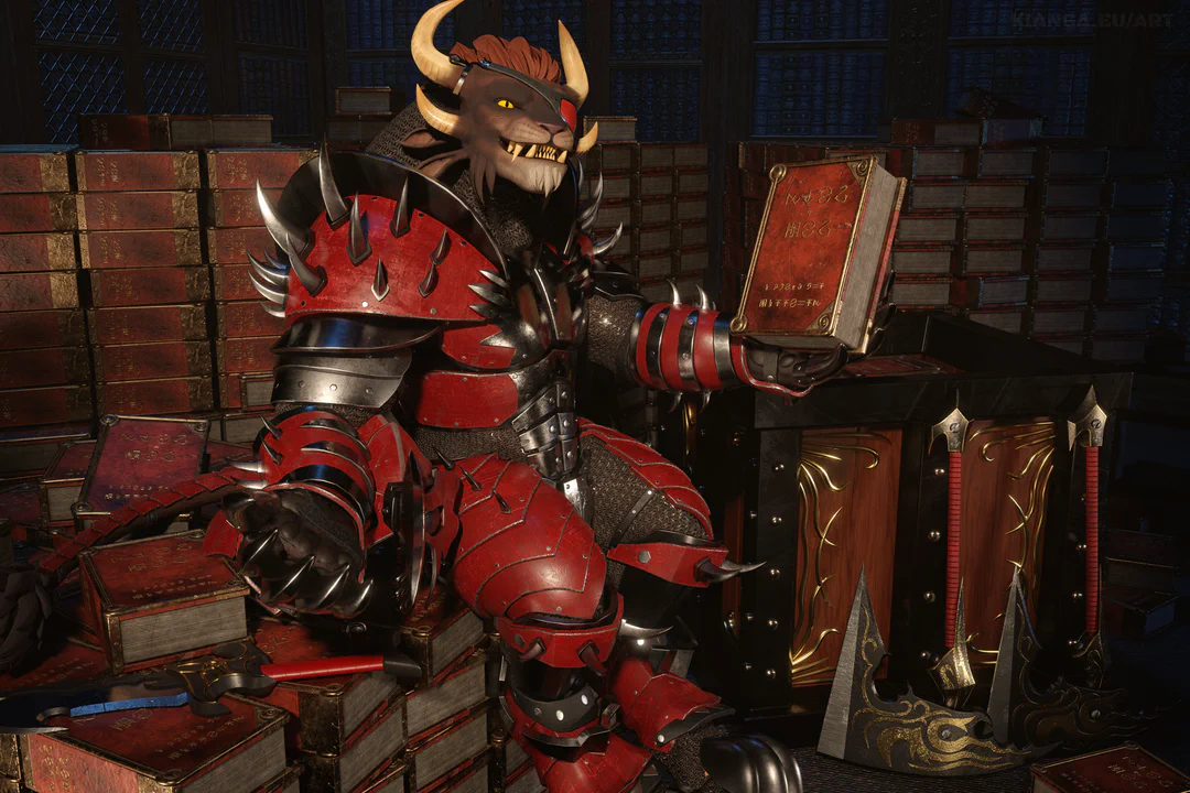 3D render of a charr warrior with a red eye patch in full battle armor, sitting on a pile of hundreds of large, heavy brown books somewhere in a dark library. He's holding one of them in his left hand, looking a bit incredulous.
