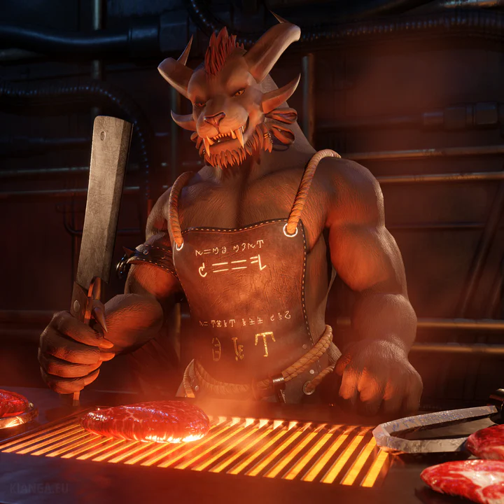 3D render of a male charr (Ripa Soulkeeper) in a cook’s outfit. He’s looking at the viewer, holding a butcher’s knife and standing in front of a grill with a large chunk of red meat on it, the light from the fire illuminating everything from below. There is text in New Krytan on his apron that means “some must cook, so that all can eat”.
