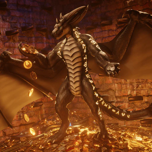 3D render of a bipedal dragon (Seraphis Zurvan) standing on a large pile of gold coins, weapons, and other assorted treasure, his wings held protectively over the pile. He is staring in fascination at a large number of gold coins in his right hand, so many that they’re slipping out of his hand and falling down again. His left hand is extended towards the viewer, offering them two small silver coins. For your troubles.