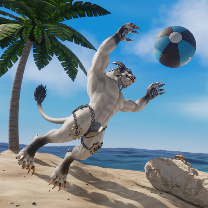 3D render of a male charr with white fur (Drizzlebone) on a tropical beach, jumping high in the air with arms raised to catch a large beach ball. He’s wearing only a smooth steel plate covering his groin and two large gears on his thighs, all secured a little haphazardly with thick iron chains. It doesn’t look very comfortable, nor practical, but he doesn’t seem to mind.