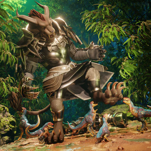 3D render of a male charr (Ripa Soulkeeper) fighting a pack of five pocket raptors in a dense jungle. He’s wearing full Vigil battle armor, except for his boots, which lie on the ground behind him as if he was just taking a break. Ripa is looking down at his feet in shock and surprise while the pocket raptors are taking advantage of the situation by snatching at his unprotected paws.