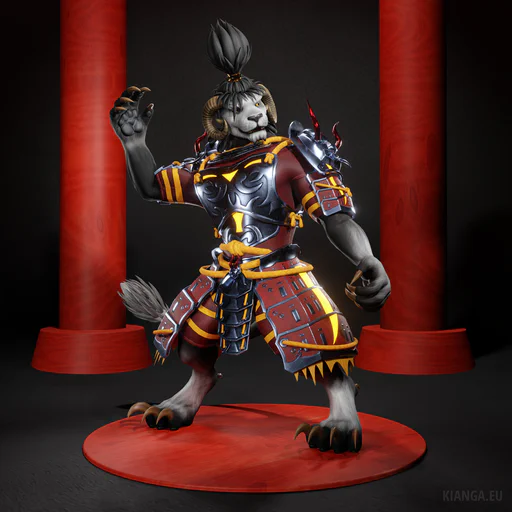 3D render of a male charr (Wan Shi Tong) in a martial arts pose, looking towards the right. He has black fur with white hands and feet, golden eyes, horns similar to a ram, and long, dark, braided hair, and is wearing the Infused Samurai Outfit from Guild Wars 2: steel armor with red paint and yellow glowing accents, held together by thick yellow cords, and with dark red leather underneath.