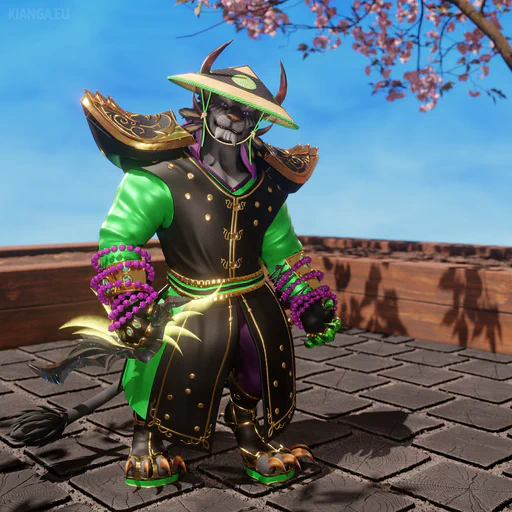 3D render of a male charr wearing a bamboo hat with holes made to fit his horns, and a black coat and pauldrons with gold accents over a jade green shirt and purple pants. He's holding a shining dagger in his right paw.
    