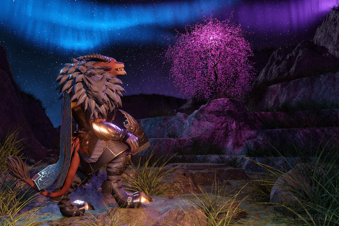 3D render of a charr warrior in full armor, looking over a fantasy landscape at night under a starry sky with blue and purple auroras. He’s standing in a canyon among loose rocks and long grass with a mysterious pink glowing tree standing higher up on a cliff in the distance. The character and foreground are illuminated by warm firelight, while the rest of the landscape is mostly dark, with the only light coming from the auroras and the glowing tree.