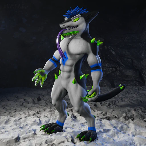 3D render of a sergal with a muscular build and white fur with black, bright blue, and green markings. He has large, sharp teeth, a long purple tongue that reaches almost to his belly, green paw pads and spikes on his shoulders, hips, back, and tail, and long green claws.
    