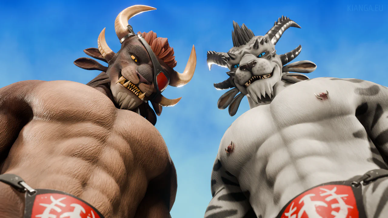 3D render featuring two shirtless and very muscular male charr looking down at the viewer with big grins. Their massive chests occupy most of the frame. The charr on the left has brown fur, yellow eyes, and a red eye patch, the one on the right has white fur with black tiger stripes, blue eyes, and barbell nipple piercings.
