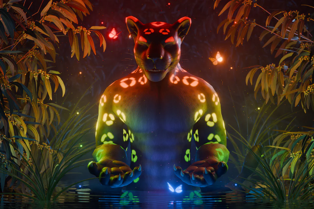 3D night-time render of an anthropomorphic jaguar with black fur and glowing rosettes that run down the the sides of his body in rainbow colors. He is standing in pool of water that reaches up to his waist, surrounded by glowing particles and butterflies matching his rosettes, with trees and long grass in the background.
