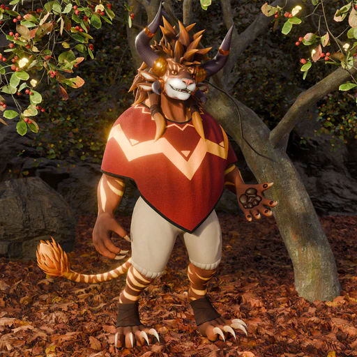 3D render of a male charr standing in an autumn-themed forest environment, next to a hawthorn tree. He has brown fur with golden-yellow tiger stripes, orange eyes, a white muzzle, and a long golden-brown mane. He is wearing eight golden ear rings, two on each ear, light gray shorts, dark brown leather foot wraps, and a long red poncho with a yellow zig-zag pattern.
