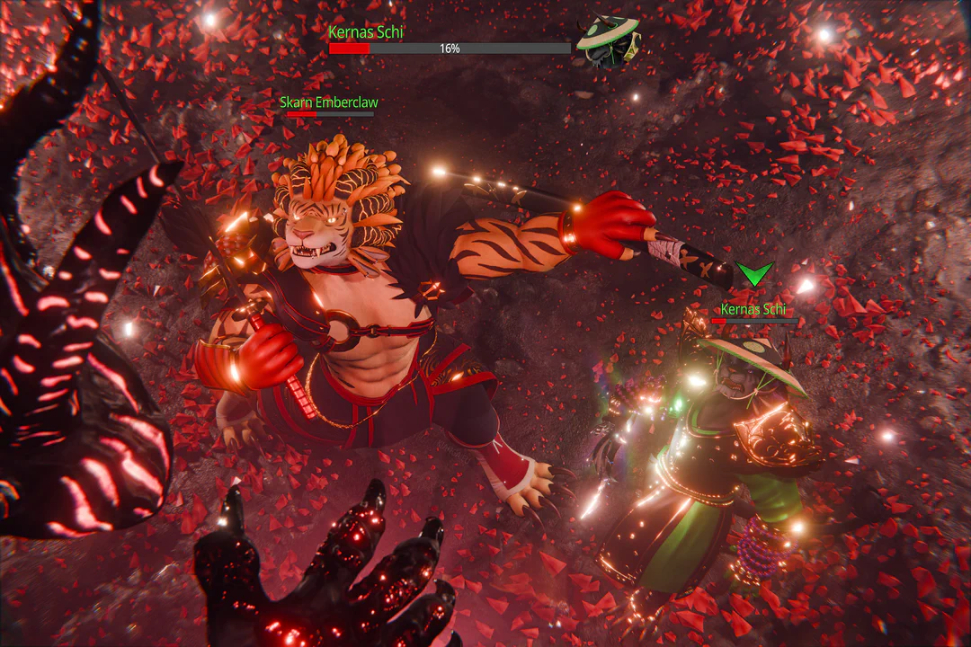 3D render of two charr in Cantha-themed outfits fighting against an ominous enemy. The camera is almost from the point of view of the enemy towering above them, with only its black head and large clawed hand visible, red light glowing through cracks in its body. The two opponents are standing on dark ground, snarling at their enemy, with lots of red crystal fragments scattered around them. There are health bars above their heads like in the Guild Wars 2 MMO, both critically low. 
