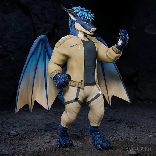 3D render of an anthropomorphic blue dragon standing in a cave, admiring the claws on his hands. He has yellow eyes, and wing membranes that go from light blue at the top to beige at the bottom. He is wearing beige pants and a flight jacket with a dark blue-gray sweatshirt underneath.
