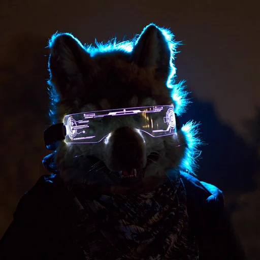 Close-up photo of a realistic gray wolf fursuiter wearing a purple cyberpunk visor, lit with blue backlight. He is looking at the camera.