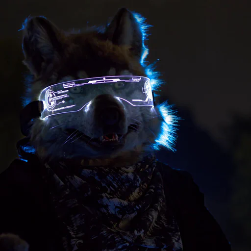 Close-up photo of a realistic gray wolf fursuiter wearing a purple cyberpunk visor, lit with blue backlight. He is looking at the camera.