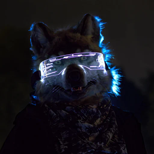 Close-up photo of a realistic gray wolf fursuiter wearing a purple cyberpunk visor, lit with blue backlight. He is looking at the camera.