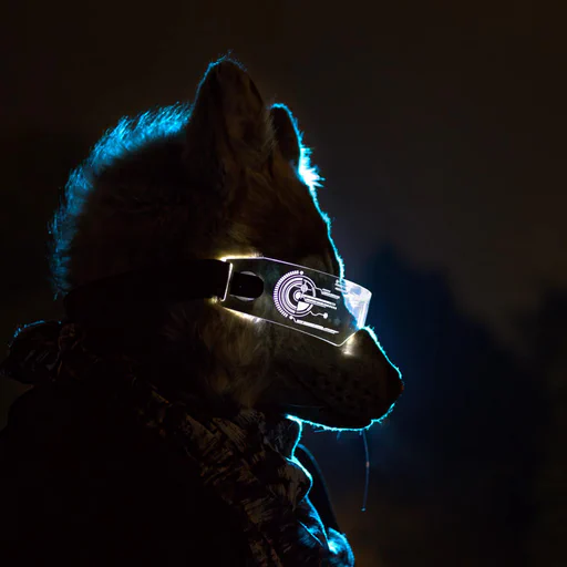 Close-up photo of a realistic gray wolf fursuiter wearing a purple cyberpunk visor, lit with blue backlight, in side view.