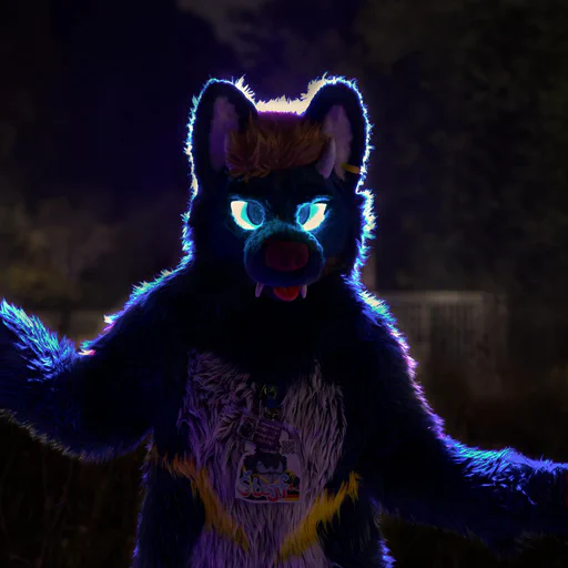 Photo of a dragon-wolf fursuiter with glowing blue eyes, arms raised slightly, lit with purple backlight.