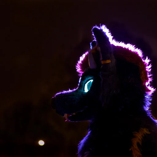 Close-up photo of a dragon-wolf fursuiter with glowing blue eyes in side view, lit with purple backlight.