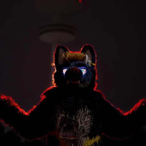 Close-up photo of a dragon-wolf fursuiter with glowing blue eyes, arms raised in a meditative pose, light with a red backlight and a large TV tower out of focus in the background.