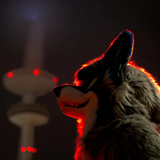 Close-up photo of a wusky fursuiter with light gray fur and blue stripes, head raised in a howl, with a TV tower out of focus in the background.