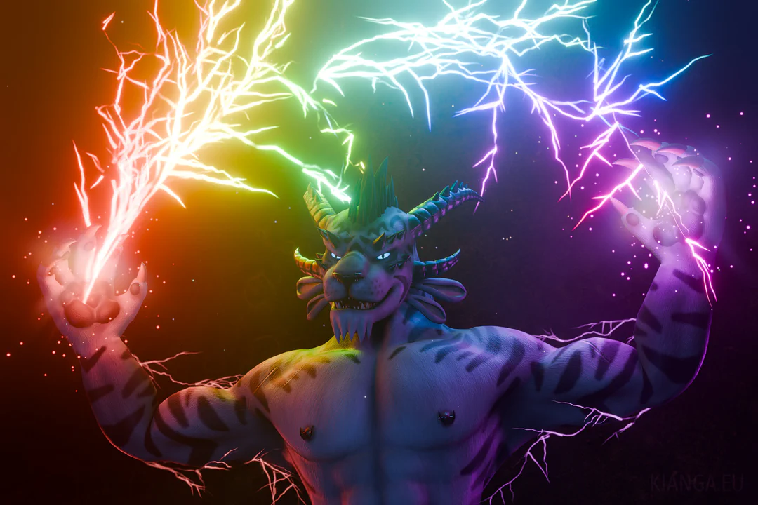 3D render of a male charr with white fur and black tiger stripes. He's shirtless, muscular, and looking angry. His eyes glow ice blue and both his hands are raised, with a massive arc of rainbow-colored lightning erupting from them above his head.
