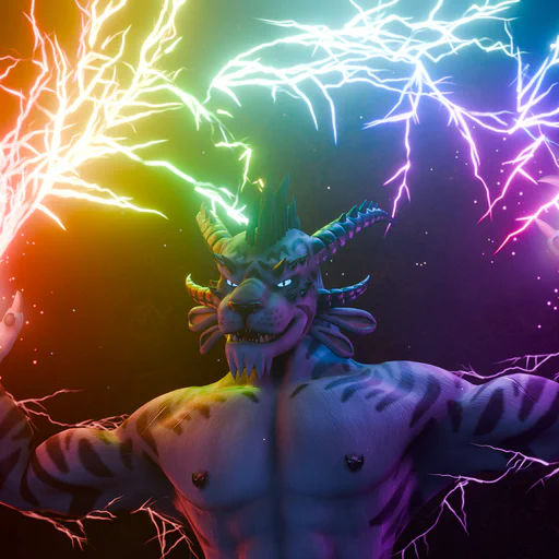 3D render of a male charr with white fur and black tiger stripes. He's shirtless, muscular, and looking angry. His eyes glow ice blue and both his hands are raised, with a massive arc of rainbow-colored lightning erupting from them above his head.
