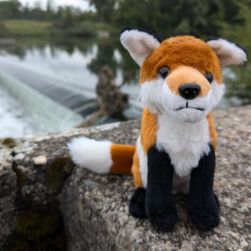 Photo of a small red fox plush sitting on a block of concrete, with a large weir across a river in the background.