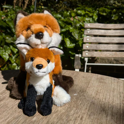 Photo of two red fox plushies sitting on a wooden table, with a wooden chair and green plants in the background. One fox is bigger, with its chin resting on the head of the smaller one. Both are looking at the camera.
