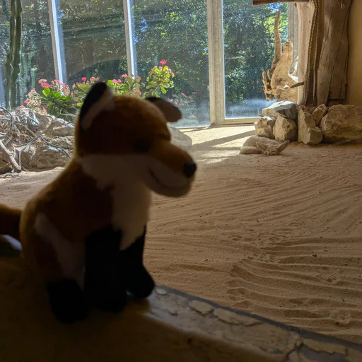 Photo of a small red fox plush sitting in front of the glass window of a desert-themed indoor zoo enclosure. There's a real fennec fox in the background, sleeping peacefully on the sand inside.
