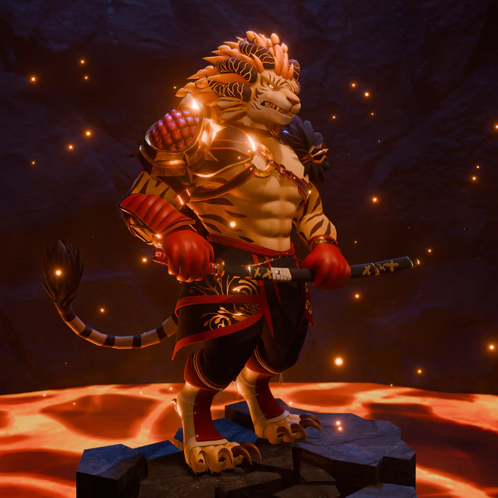 3D render of a male charr standing on floating black rocks in a volcanic environment, with lava below and dark stone walls in the distance. The character has yellow fur with black tiger stripes, a long golden mane, and three pairs of horns of a dark purple color, covered in cracks filled with lava. He is wearing a leather harness with gold rings, dark purple armor with red edges, and padded leather shoulders, and he’s holding a katana with both hands, about to pull it from its sheath.
