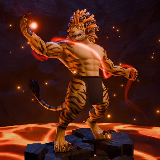 3D render of a male charr standing on floating black rocks in a volcanic environment, with lava below and dark stone walls in the distance. The character has yellow fur with black tiger stripes, a long golden mane, and three pairs of horns of a dark purple color, covered in cracks filled with lava. He is wearing a dark purple loincloth and channeling fiery magic that runs from his left hand along his arm, across his chest, and into his right hand.
