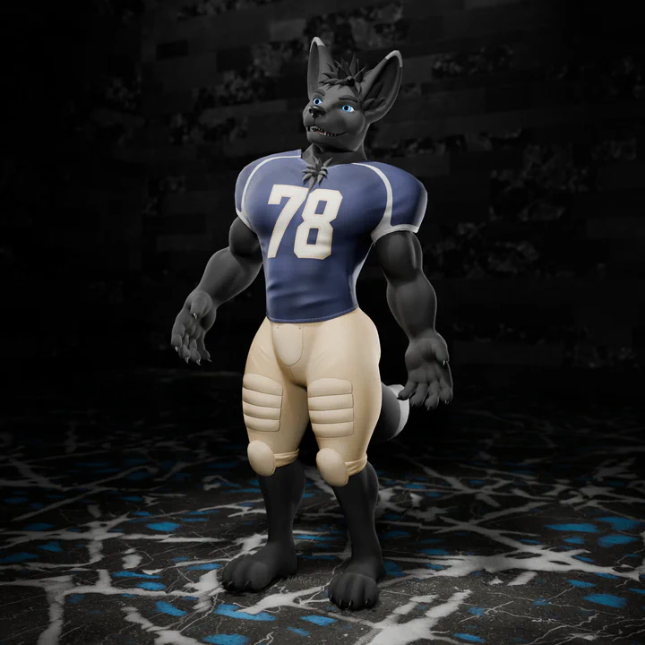 3D render of an anthropomorphic jackal with gray fur and blue eyes, wearing an American football outfit with beige pants and a blue shirt with the number 78
