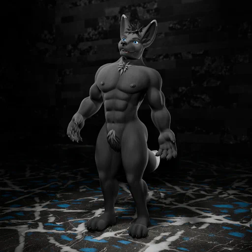 3D render of an anthropomorphic jackal with gray fur and blue eyes
    