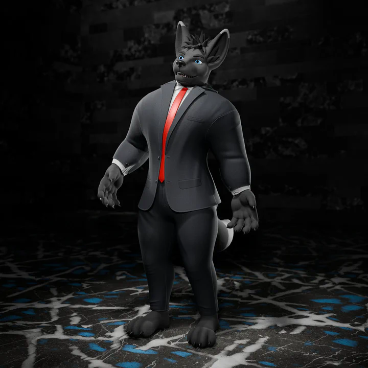 3D render of an anthropomorphic jackal with gray fur and blue eyes, wearing a dark gray business suit with a white shirt and red tie
