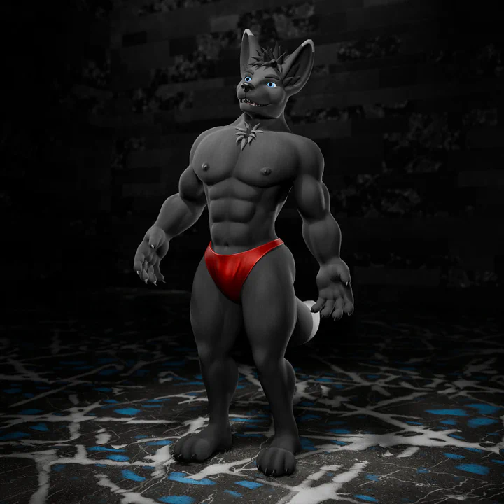 3D render of an anthropomorphic jackal with gray fur and blue eyes, wearing a red thong
