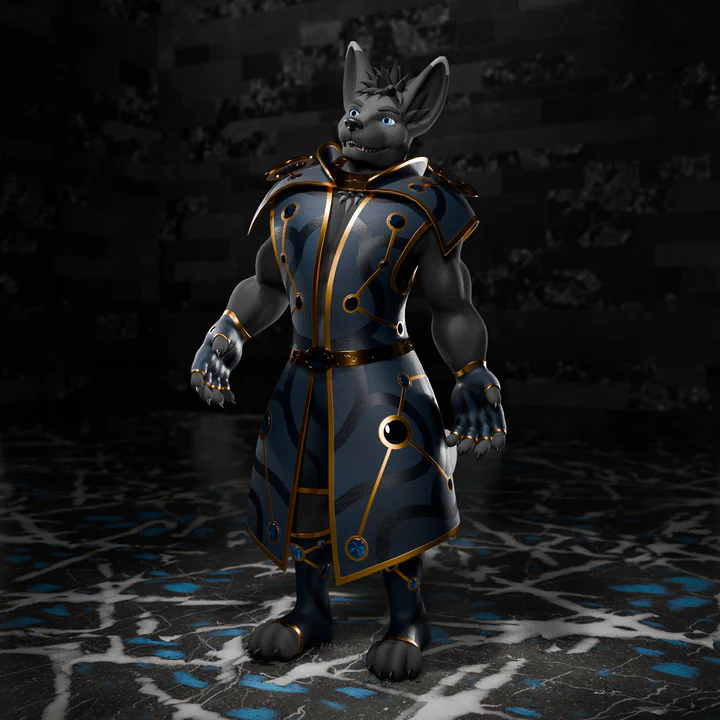 3D render of an anthropomorphic jackal with gray fur and blue eyes, wearing a dark gray wizard robe with golden accents and metallic blue gemstones
