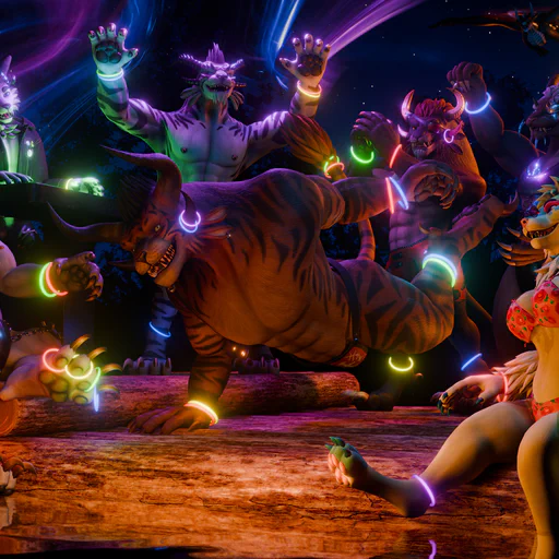 3D render of a nighttime scene with eight anthropomorphic characters on a wooden raft, illuminated in vibrant colors under a starry sky. All of them are wearing colorful glow rings around their wrists, ankles, and horns. Huxley, a male wolf-husky wearing headphones, standing on a raised platform behind a DJ table. Storm, a male charr with white fur and black tiger stripes standing next to Huxley, both hands raised channeling colorful magic. Ferox, a large male tiger-striped charr with brown fur wearing only a steel jockstrap, breakdancing in the middle of the raft. Drizzlebone, a male charr with gray fur, sitting to the left and enjoying a drink. Laelia, a female collie with a green and yellow fur pattern wearing a pink bikini sitting on the right, watching Ferox with her feet dangling above the water. Kianga, a male charr with brown fur and a red eye patch wearing red swimming trunks standing behind Ferox, clapping for him. Zurena, a female charr with brown fur and a steel eye patch, right fist raised, also cheering for Ferox. Garro, a large male charr with yellow fur standing on the right with his hands on his hips, watching Ferox. And finally there’s Seraphis, a large black dragon with glowing golden runes, visible in the background against the sky, flying towards group and probably about to “crash” the party.
    