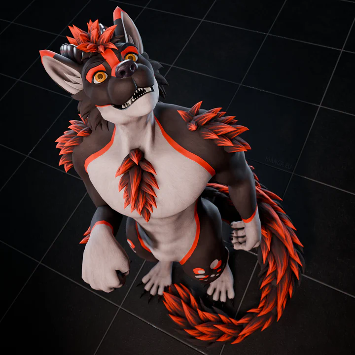 3D render of a male anthropomorphic dragon wolf character with dark gray fur, white chest and muzzle, and bright orange highlights. He's looking up at something curiously, one paw slightly raised, with his long fluffy tail curled around him.
